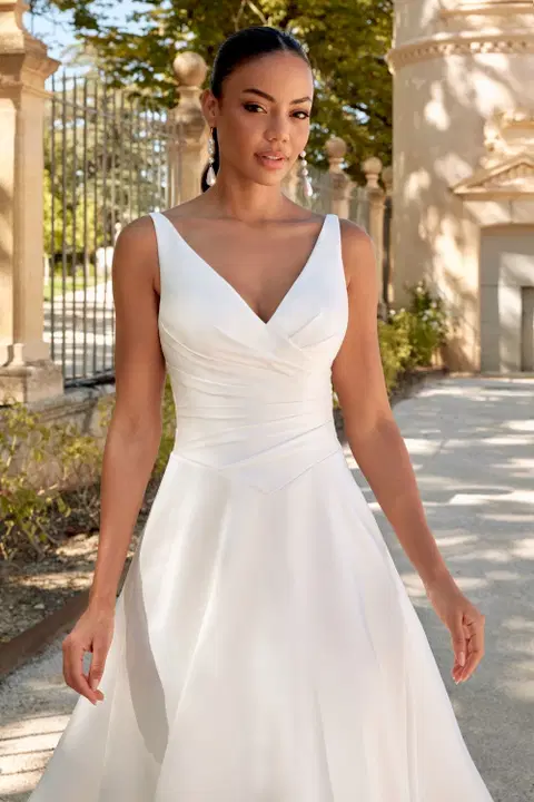 Style 44585 wedding dress by Sincerity Bridal, A-line, satin