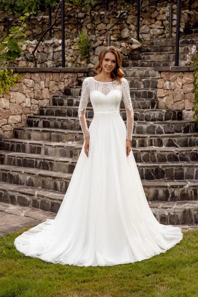 1073+8013 by Angela Bianca: jewel neckline, long sleeves, lace