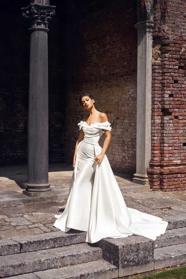 PH3144 by Phoenix Gowns: Mermaid silhouette, off-shoulder neckline, mikado, chapel train
