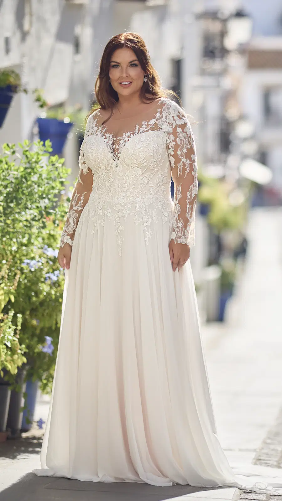 ME26311 by Miss Emily by Très Chic: A-Line silhouette, semi sweetheart neckline, long sleeves, chiffon