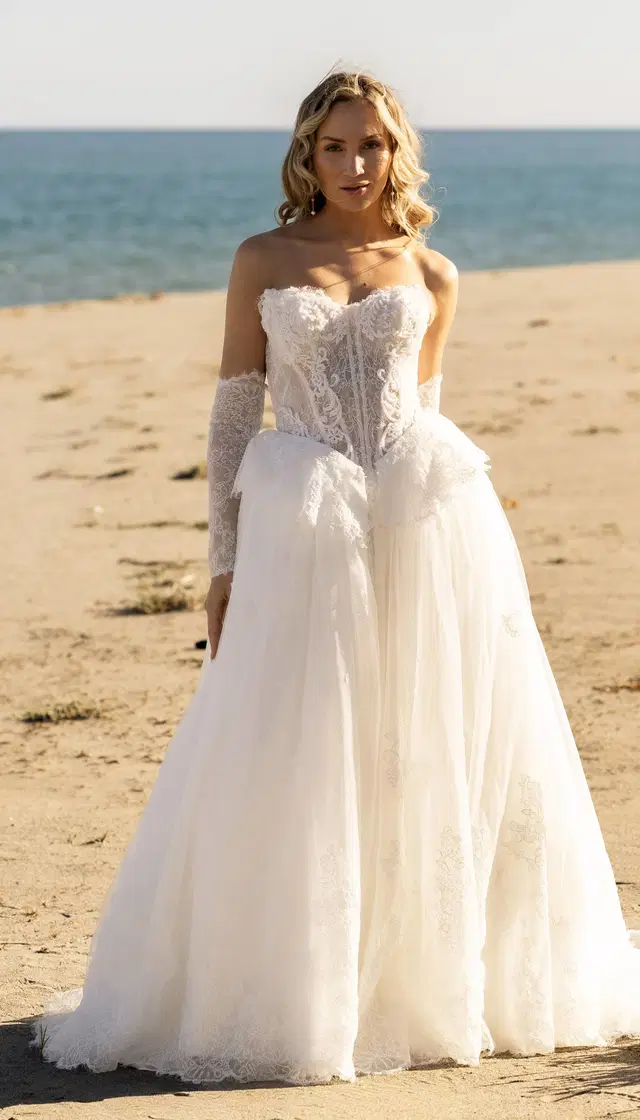 Dagma by Amo & Luv: Ball Gown silhouette, sweetheart neckline, separate sleeves, lace