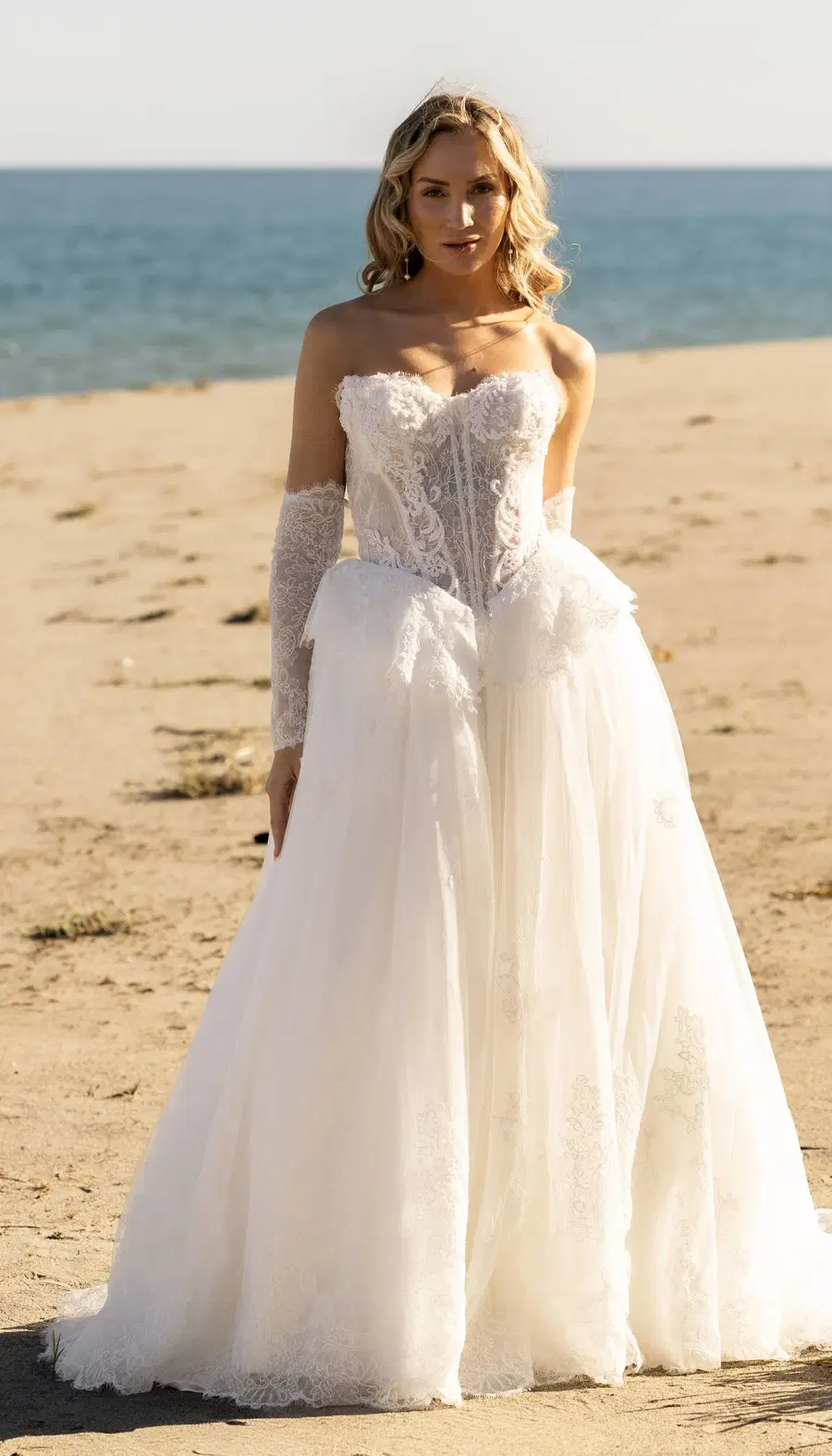 Dagma by Amo & Luv: Ball Gown silhouette, sweetheart neckline, separate sleeves, lace
