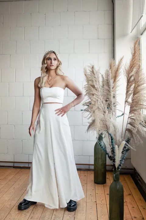 Banu Bandeau wedding dress by Malee, two-piece, satin