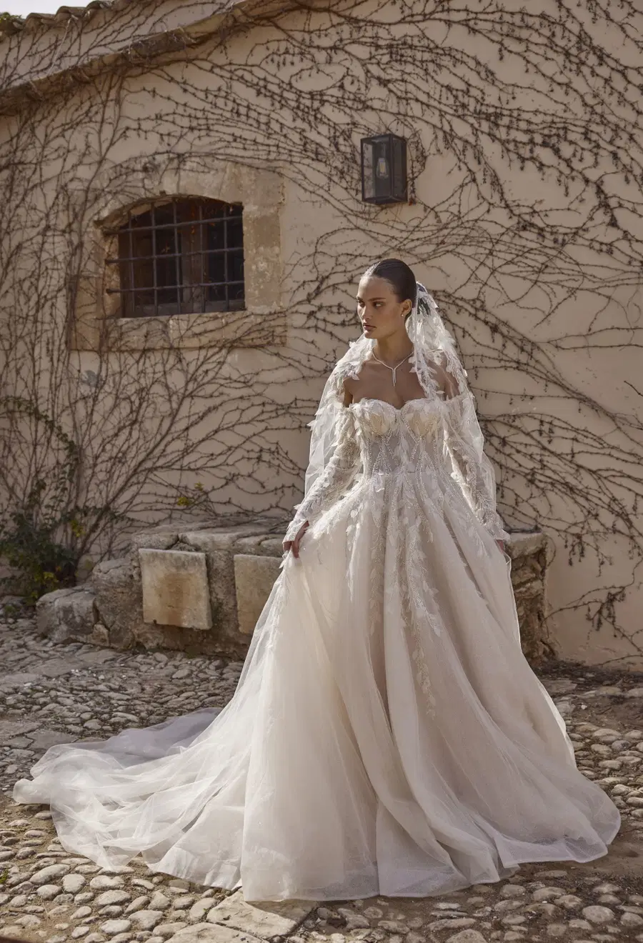 Cordelia 25-008 by Ricca Sposa: A-Line silhouette, sweetheart neckline, long sleeves, lace