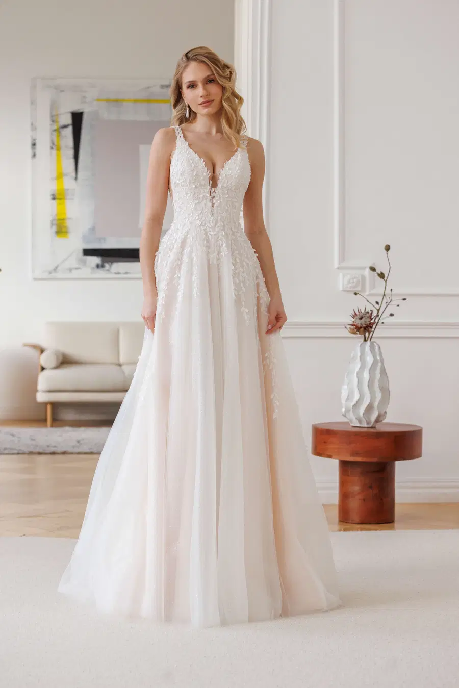 Alois by Jarice: A-Line silhouette, V-neck neckline, tulle