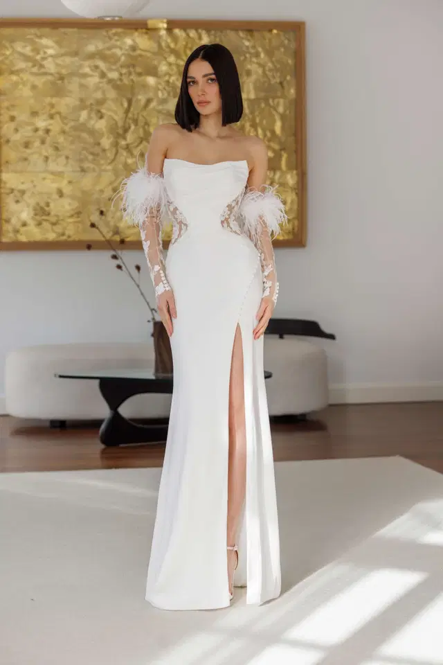 Beauty by Jarice: Fit & Flare silhouette, straight neckline, long sleeves, crepe
