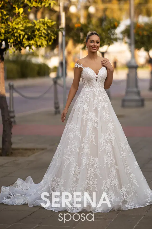 5535 by Serena Bridal: A-Line silhouette, off-shoulder neckline, sleeveless, lace