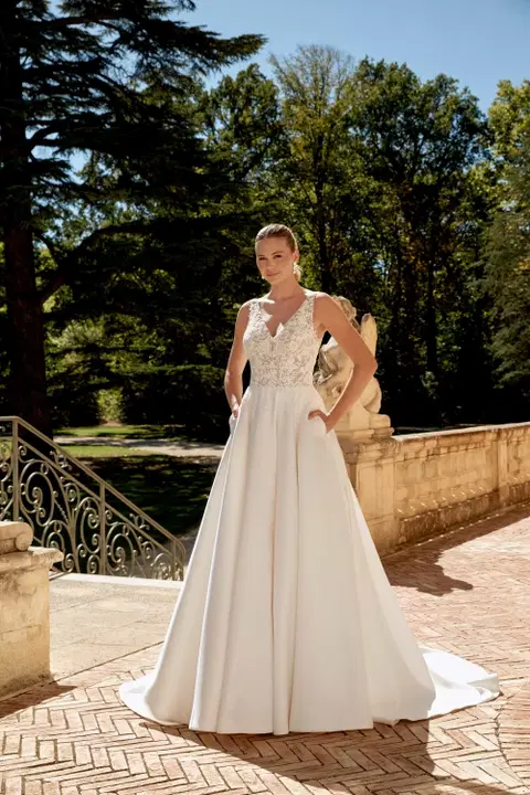 Style 44589 wedding dress by Sincerity Bridal, A-line, lace