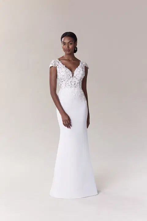 Shay wedding dress by Mori Lee, fit & flare, crepe