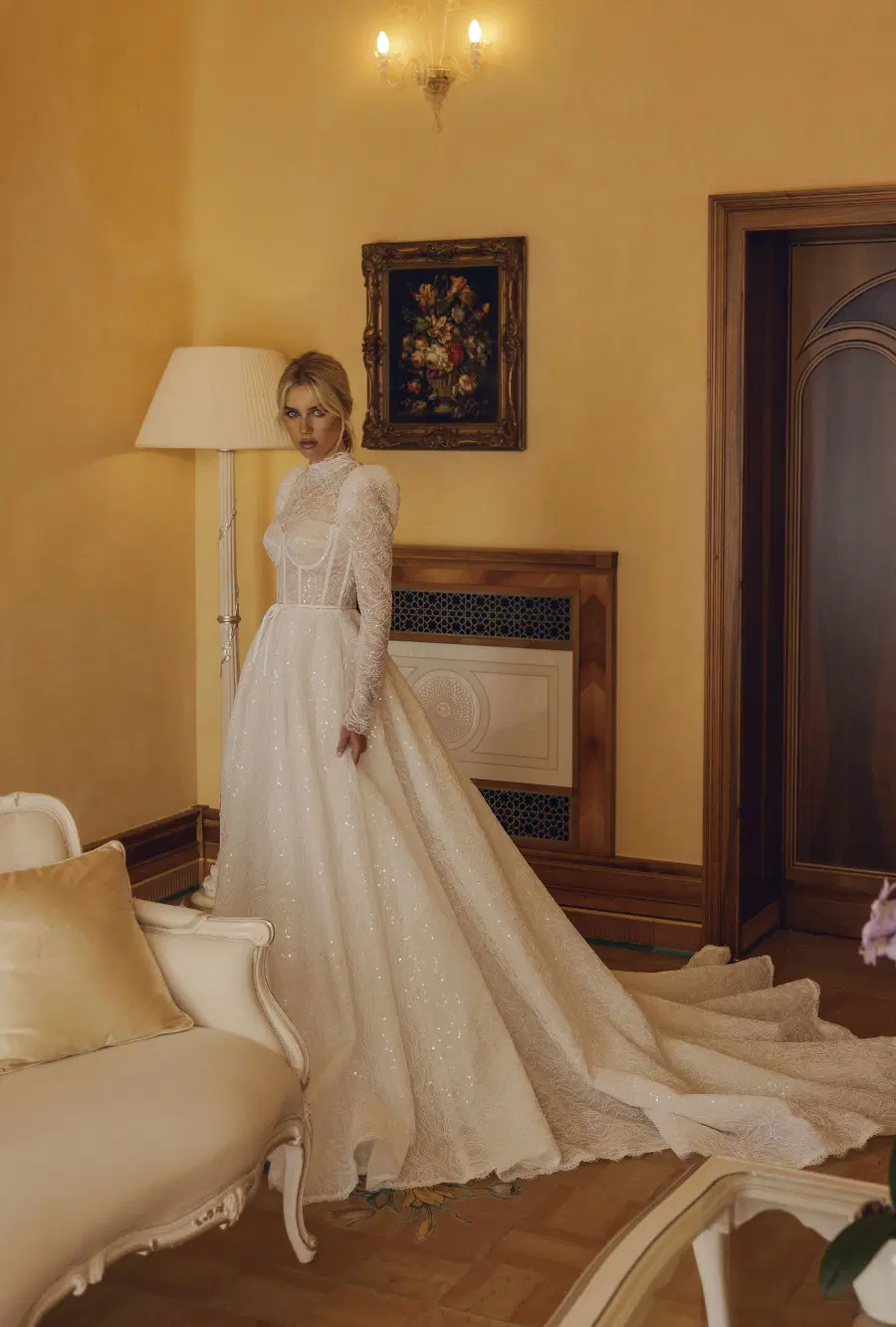 Chiara 24-001 by Ricca Sposa: A-Line silhouette, high / halter neckline, long sleeves, lace