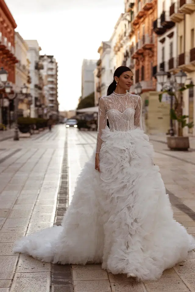 Charming by Carfelli: Ball Gown silhouette, high / halter neckline, long sleeves, lace