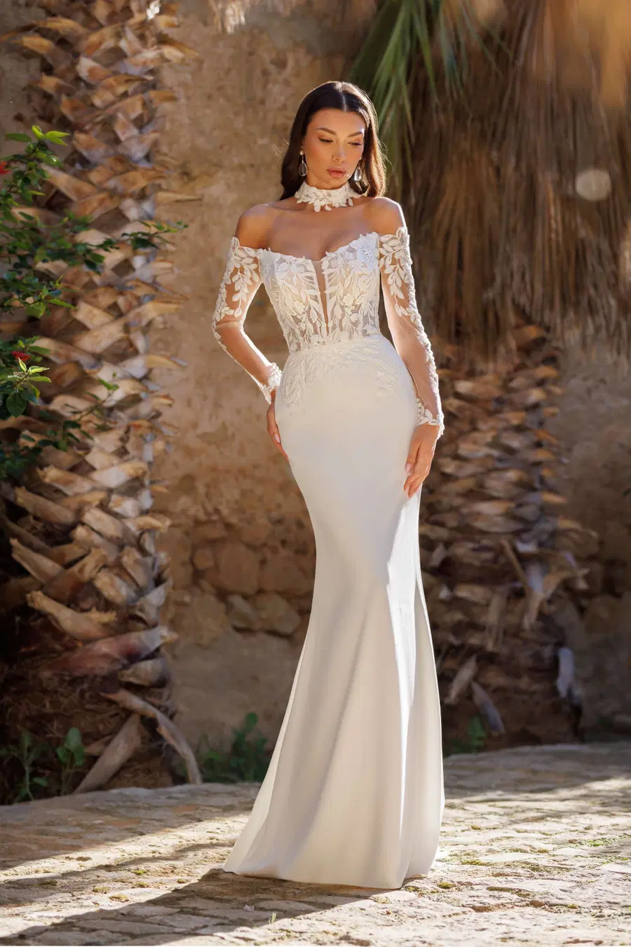 Hawaii by Jarice: Mermaid silhouette, scoop neckline, long sleeves, crepe