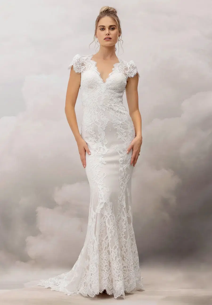 Dew Gown by Catherine Deane: Fit & Flare silhouette, V-neck neckline, cap sleeves, lace