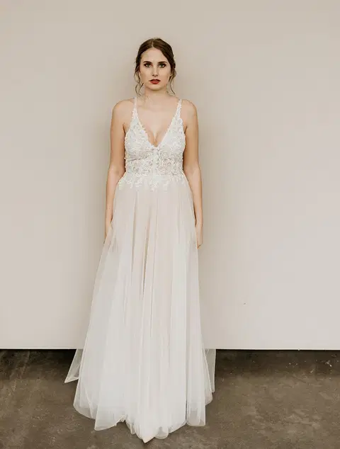 Hazel Blush wedding dress by Esther Hofmann, A-line, lace