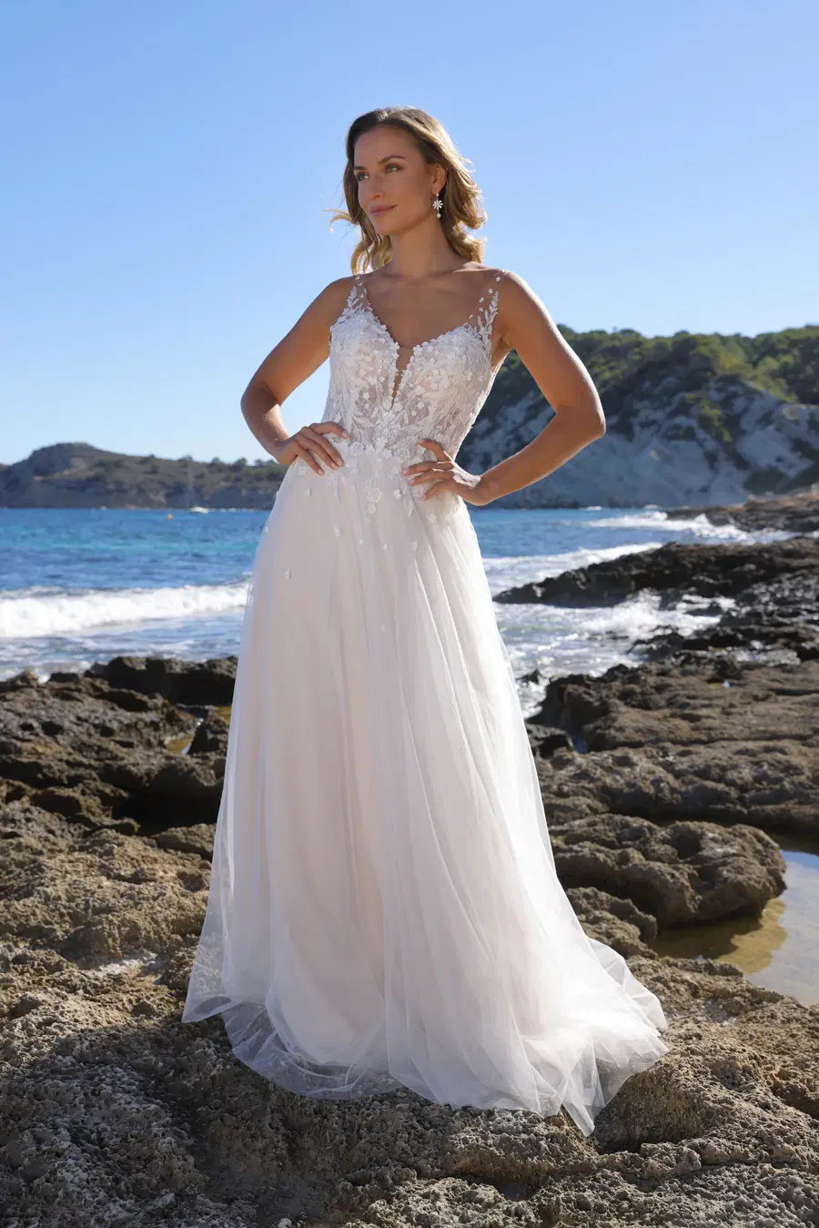 Brenda by Azuree Bridal: A-Line silhouette, deep V-neck neckline, sleeveless, lace