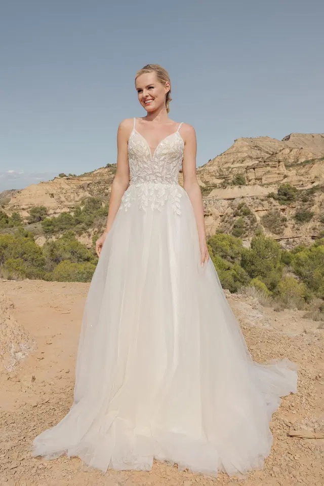 DT108 by Duett: A-Line silhouette, deep V-neck neckline, sleeveless, tulle