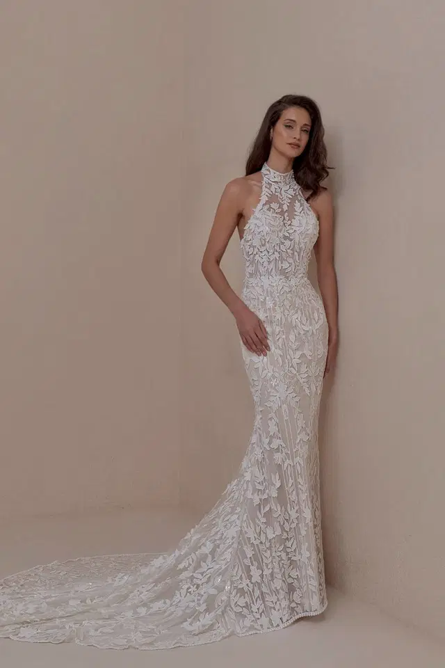 LP2642 Faye by Calla Blanche: Trumpet silhouette, high / halter neckline, sleeveless, lace