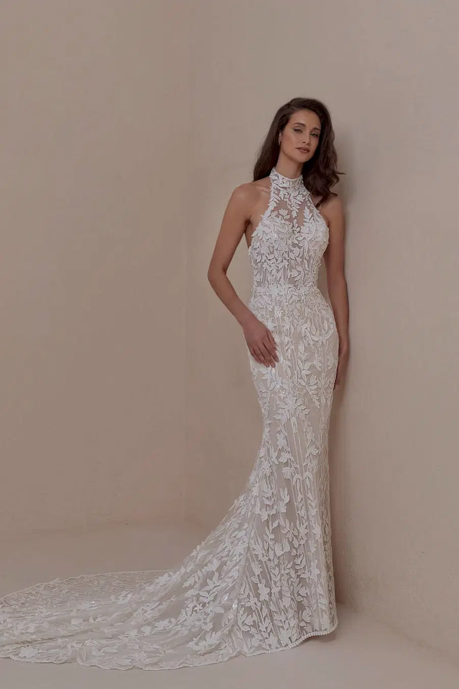 LP2642 Faye by Calla Blanche: Trumpet silhouette, high / halter neckline, sleeveless, lace