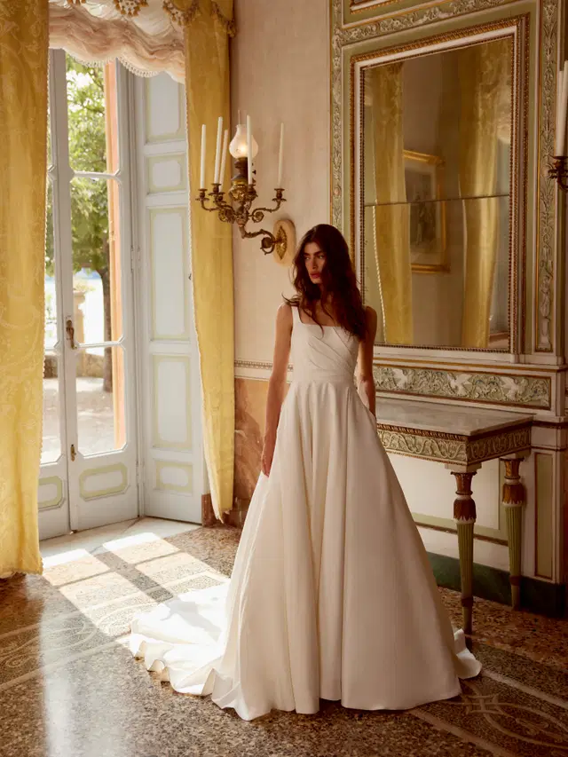 Iva by Justin Alexander: Ball Gown silhouette, square neckline, sleeveless, satin