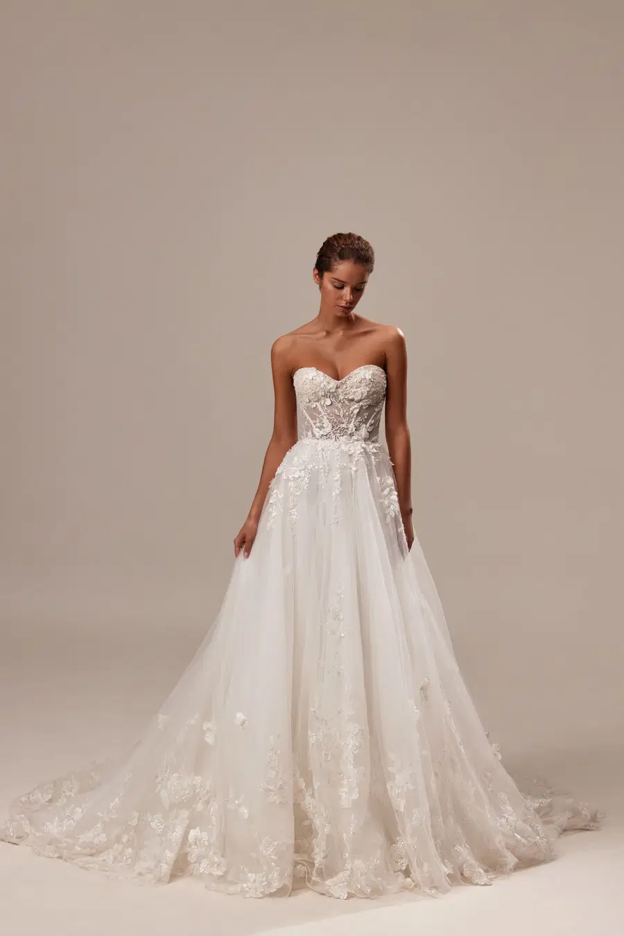 Bright by Milla Nova: A-Line silhouette, sweetheart neckline, long sleeves, tulle