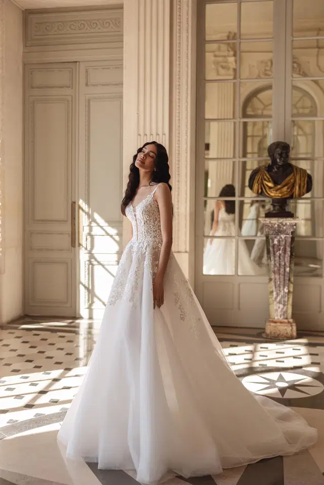 Olga by Ella Novia: A-Line silhouette, V-neck neckline, sleeveless, lace