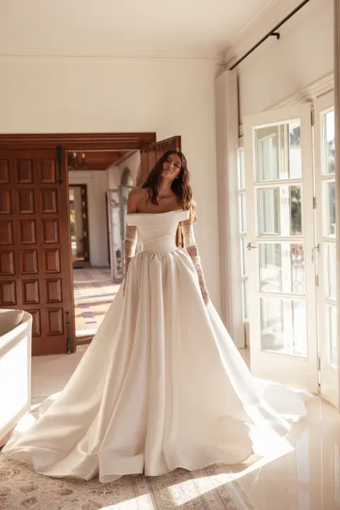 Reverie wedding dress by Tina Valerdi, ball gown, satin