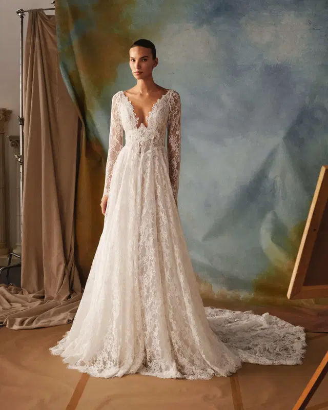 Alba by Milla Nova: A-Line silhouette, illusion neckline, long sleeves, chantilly