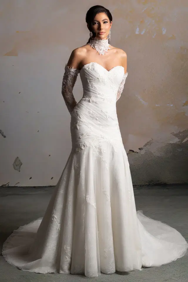Bethany by Donna Salado Bridal: Trumpet silhouette, sweetheart neckline, separate sleeves, lace