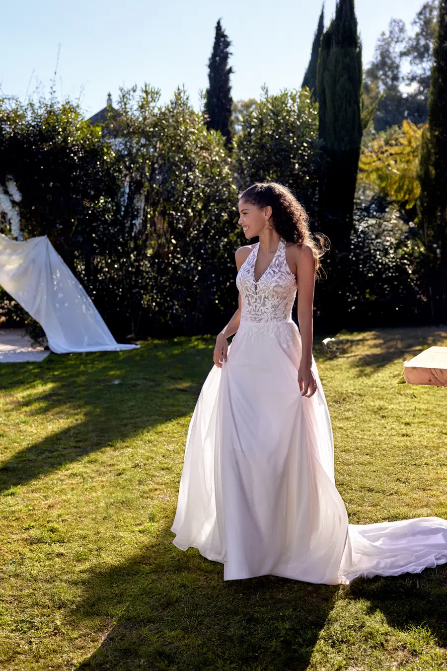 66425 by Lillian West: A-Line silhouette, high / halter neckline, chiffon