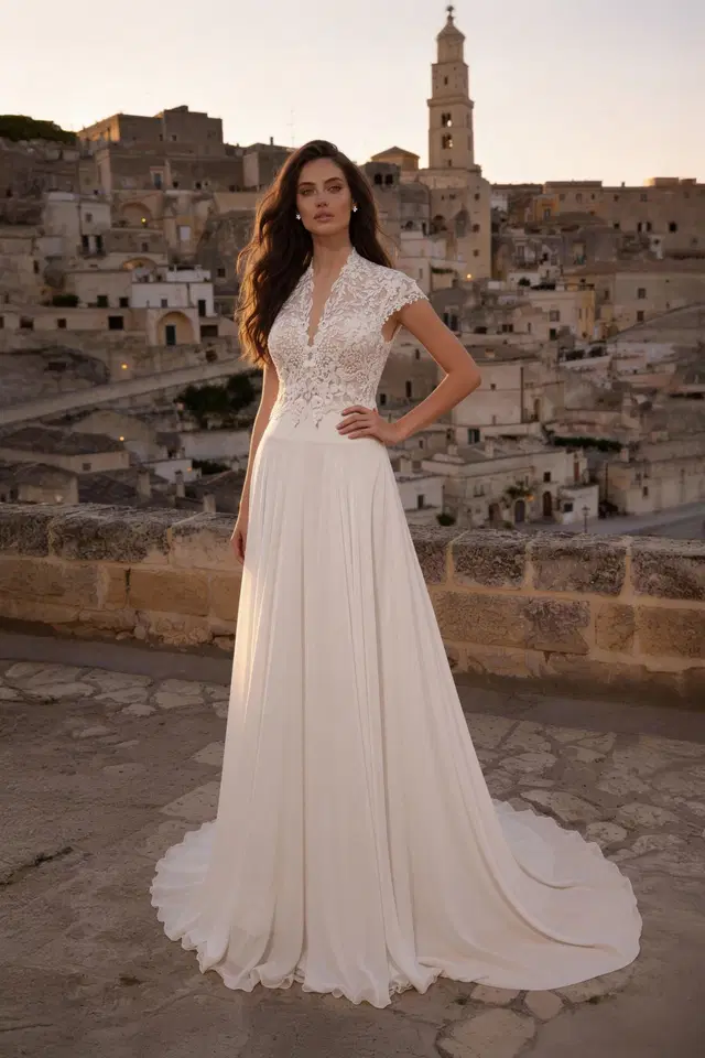 8425 by Monica Loretti: A-Line silhouette, V-neck neckline, cap sleeves, lace