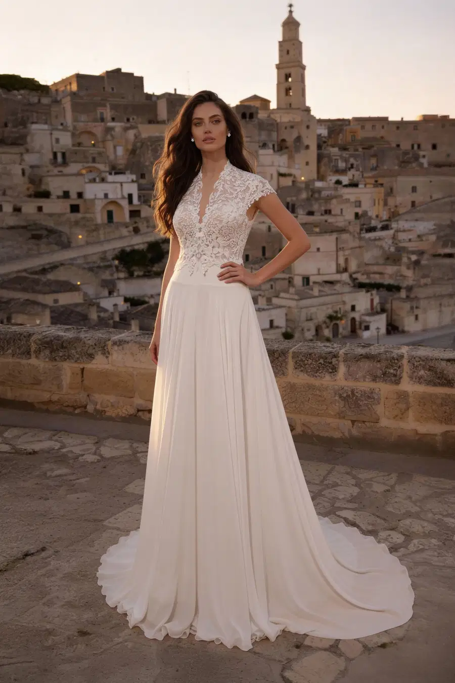 8425 by Monica Loretti: A-Line silhouette, V-neck neckline, cap sleeves, lace