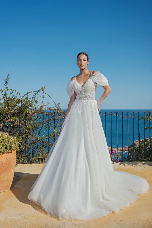 MGB130 by Miss Beautiful Bride: Ball Gown silhouette, V-neck neckline, short sleeves, tulle