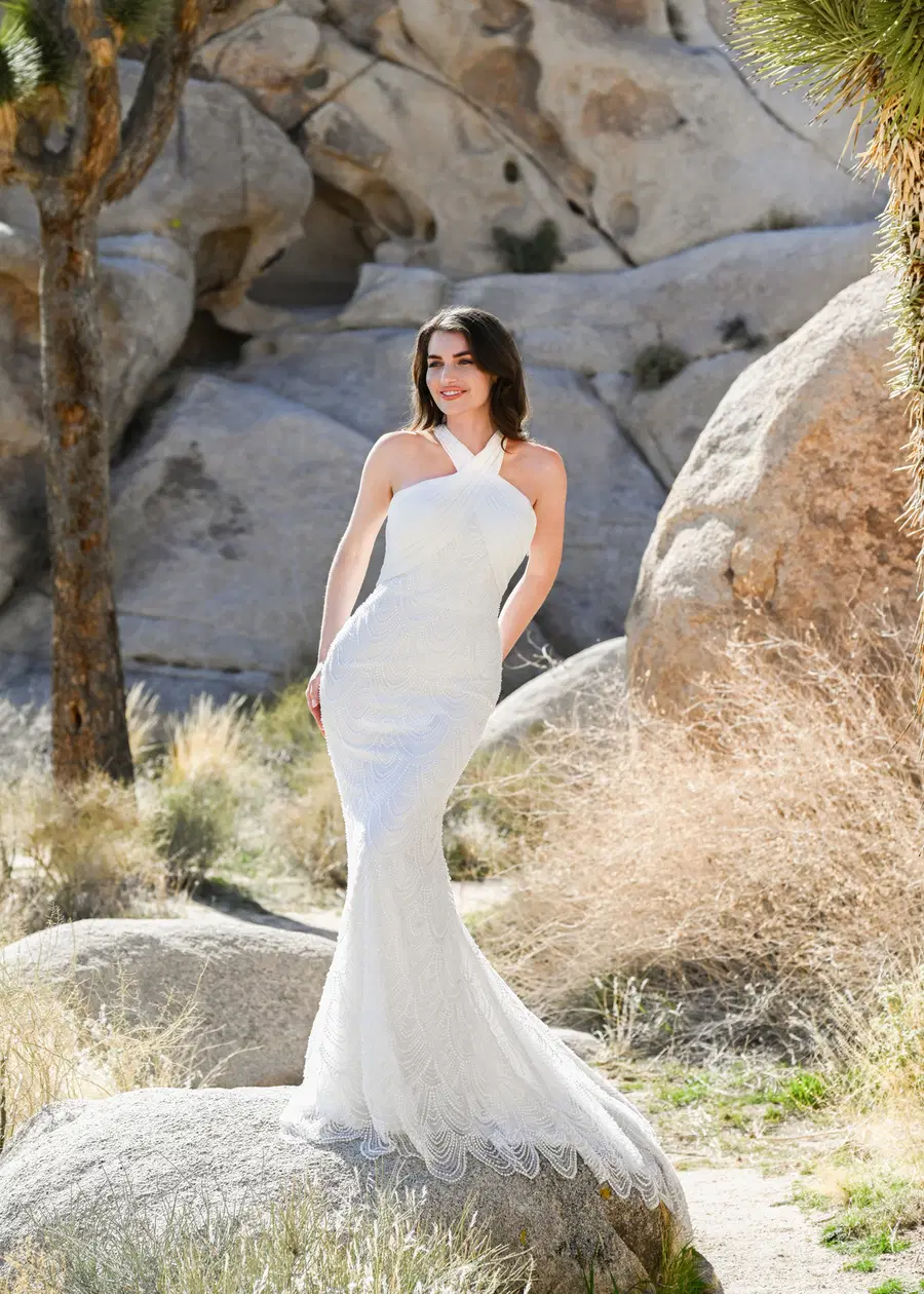SUNFAIR by Dando London: Trumpet silhouette, high / halter neckline, sleeveless, lace