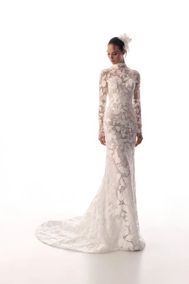 Tess by Innocentia: Straight silhouette, high / halter neckline, long sleeves, lace
