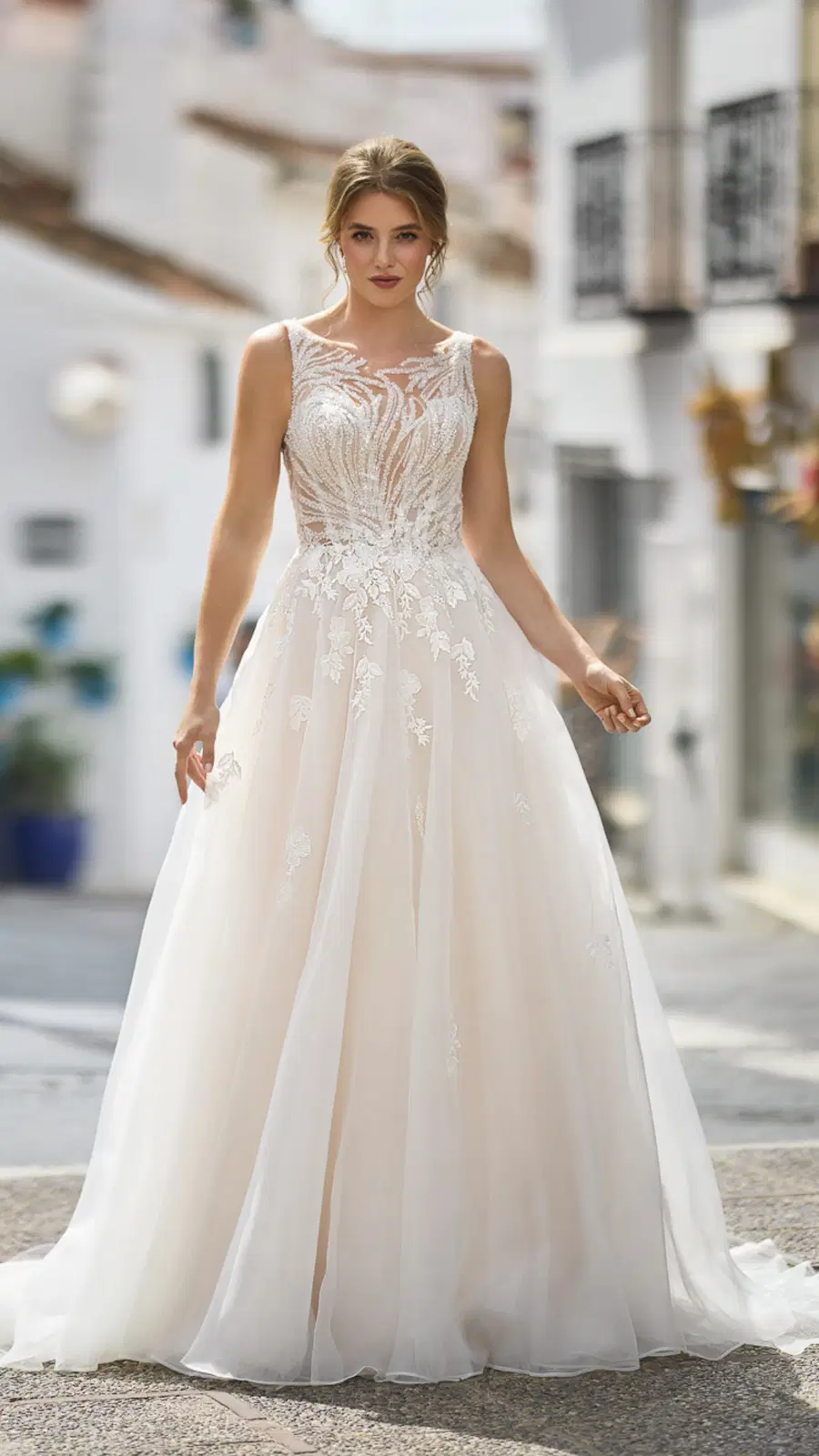 TC26402 by Très Chic: A-Line silhouette, illusion neckline, sleeveless, tulle