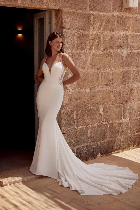 Style 66390 wedding dress by Lillian West, fit & flare, crepe