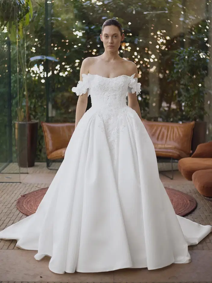 Genesis by ÉLYSÉE: Ball Gown silhouette, scoop neckline, mikado, chapel train