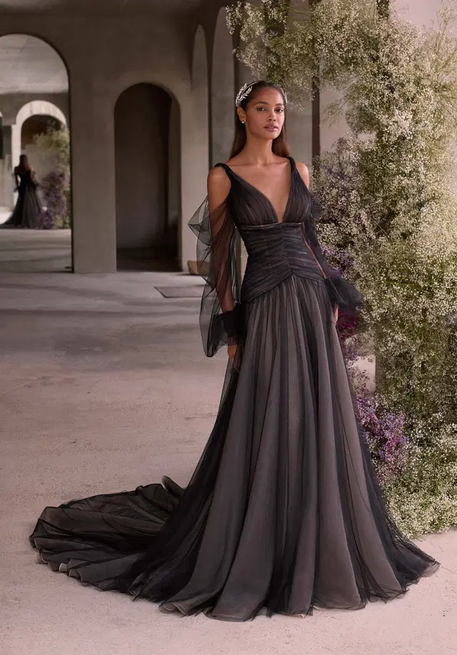 Xochi by Mori Lee: A-Line silhouette, V-neck neckline, long sleeves, tulle
