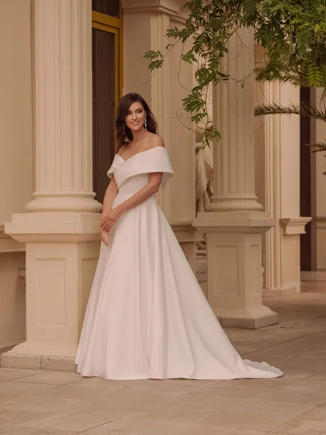 TO-2162T by Agnes: A-Line silhouette, off-shoulder neckline, sleeveless, satin