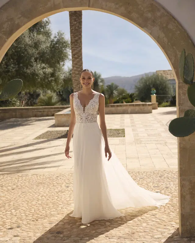 Granada by Modeca Bridal: A-Line silhouette, V-neck neckline, chiffon, sweep / brush train