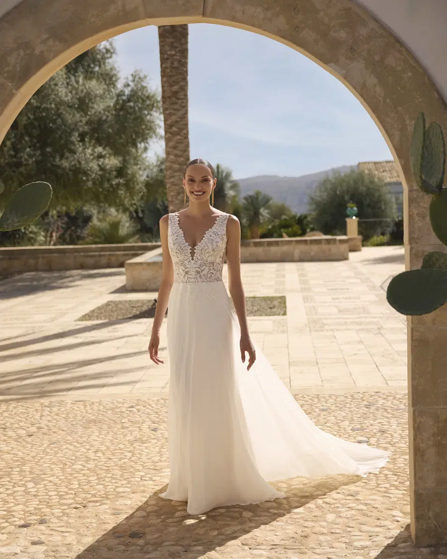 Granada by Modeca Bridal: A-Line silhouette, V-neck neckline, chiffon, sweep / brush train
