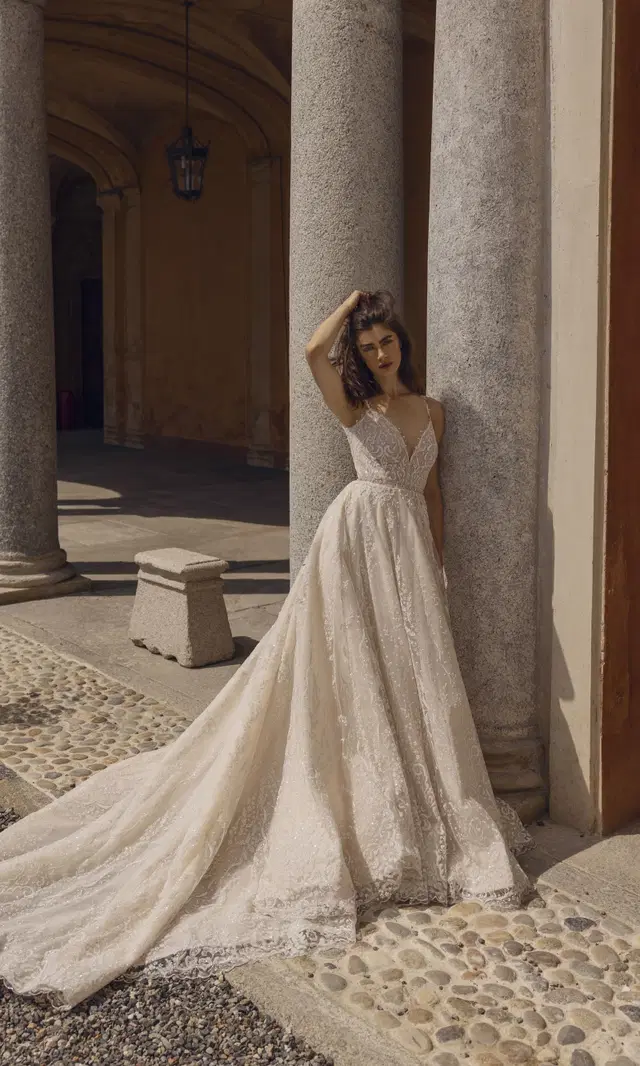 Ennio 24-025(2) by Love by Ricca Sposa: A-Line silhouette, V-neck neckline, sleeveless, lace