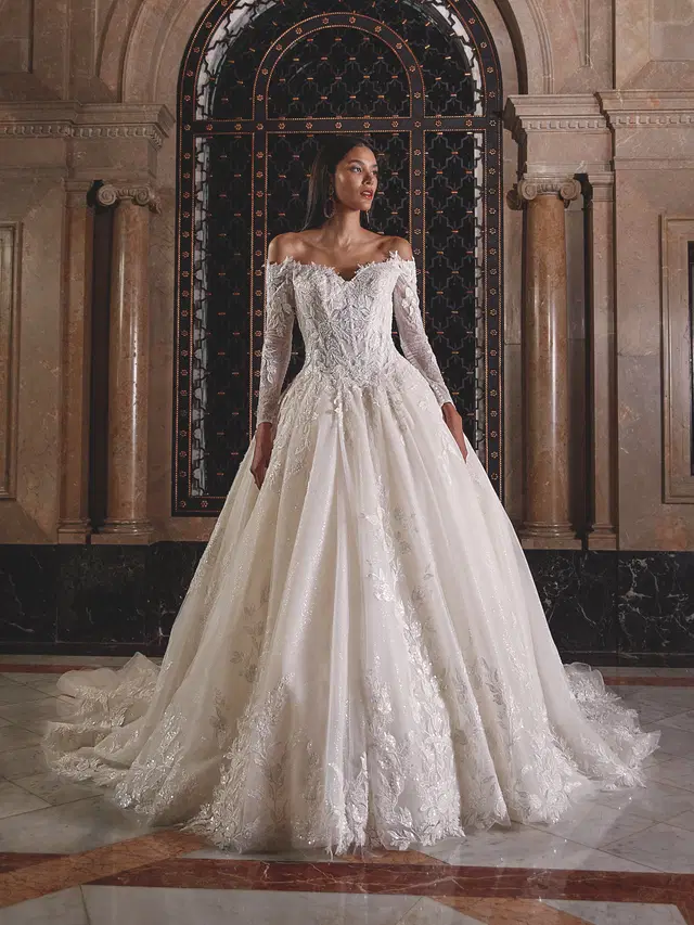 DP544 by Demetrios: Ball Gown silhouette, V-neck neckline, long sleeves, lace