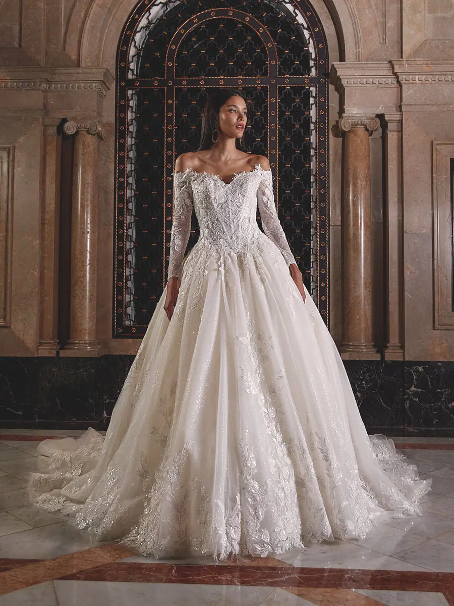 DP544 by Demetrios: Ball Gown silhouette, V-neck neckline, long sleeves, lace