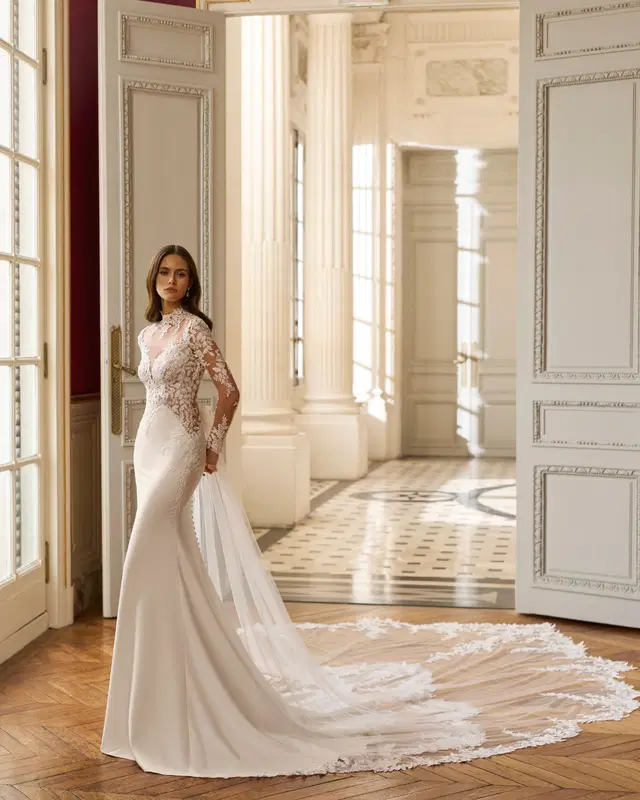 BARBARA by Aire Barcelona: Mermaid silhouette, illusion neckline, long sleeves, crepe