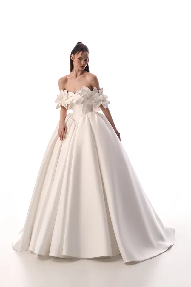 Enya by Innocentia: Ball Gown silhouette, semi sweetheart neckline, sleeveless, satin