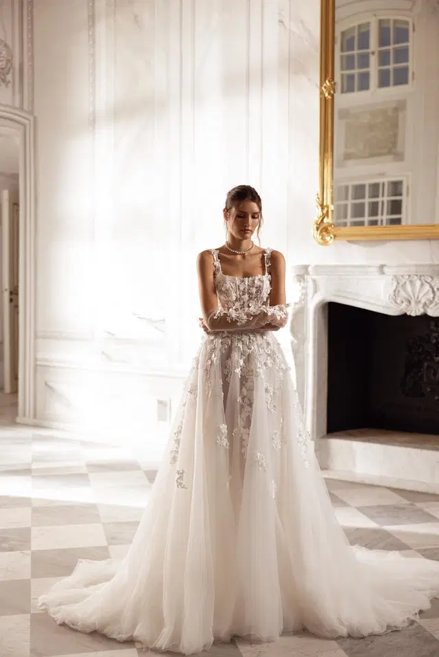 Seraphina by Tina Valerdi: Princess silhouette, square neckline, sleeveless, lace