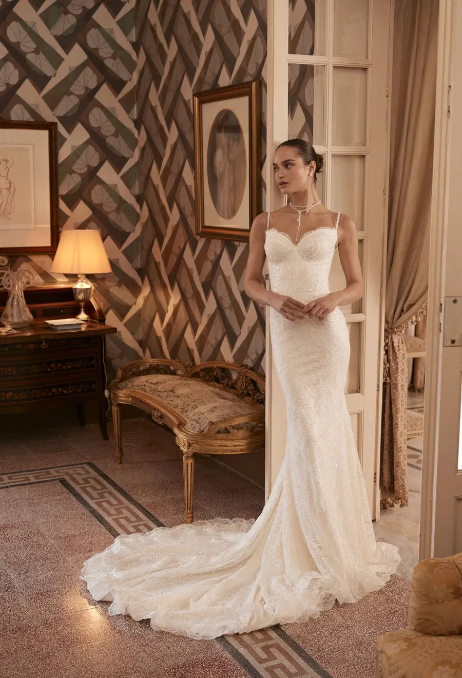 Amina 25-006 by Ricca Sposa Atelier: Mermaid silhouette, sweetheart neckline, long sleeves, lace
