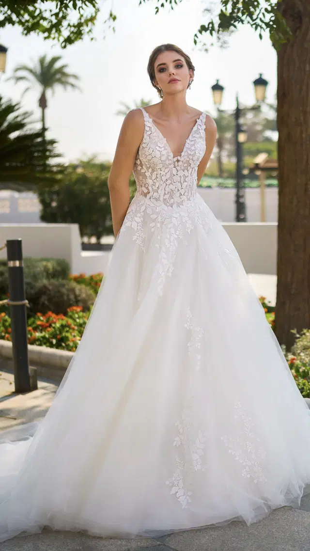 TC26222 by Très Chic: A-Line silhouette, V-neck neckline, sleeveless, tulle