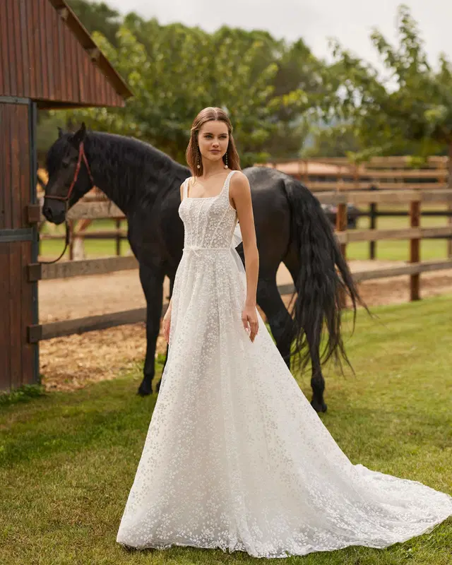 NUISA by Alma Novia: A-Line silhouette, square neckline, sleeveless, lace